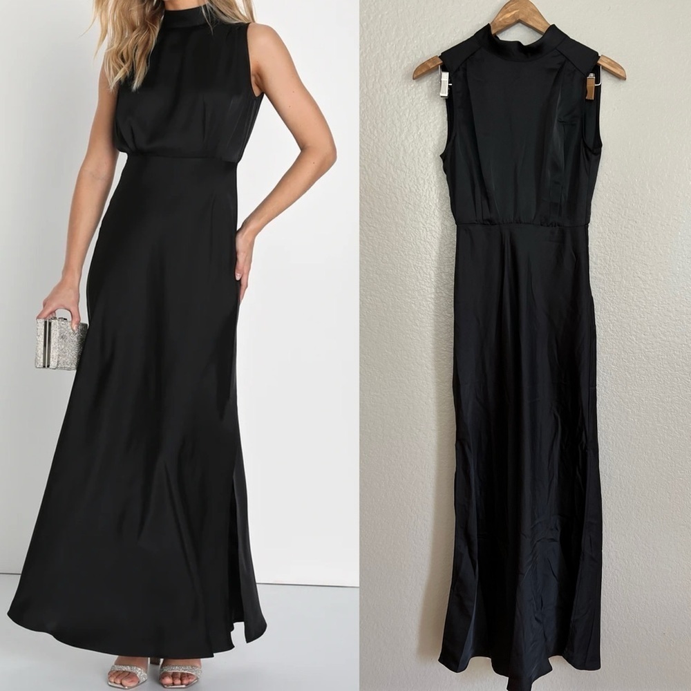 Classic Elegance Black Satin Sleeveless Mock Neck Maxi Dress